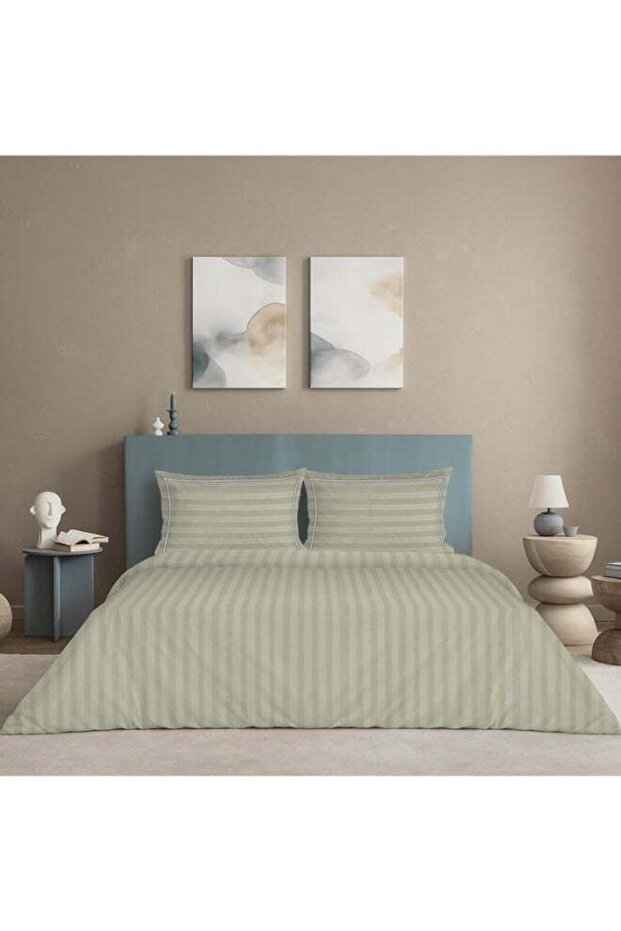 100% Cotton -300 TC Elysian Stripes Queen Size Duvet Cover - Beige
