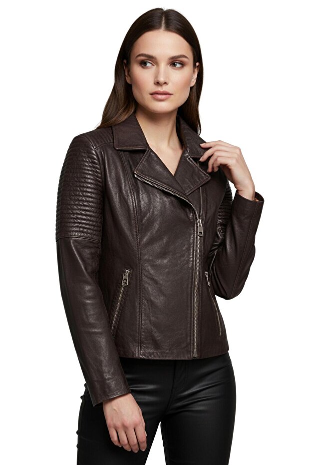 Agnes Brown Women's Biker Genuine Leather Jacket