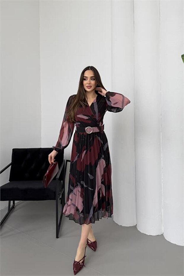 women burgundy belted pleated chiffon lined midi length dress NBELB04