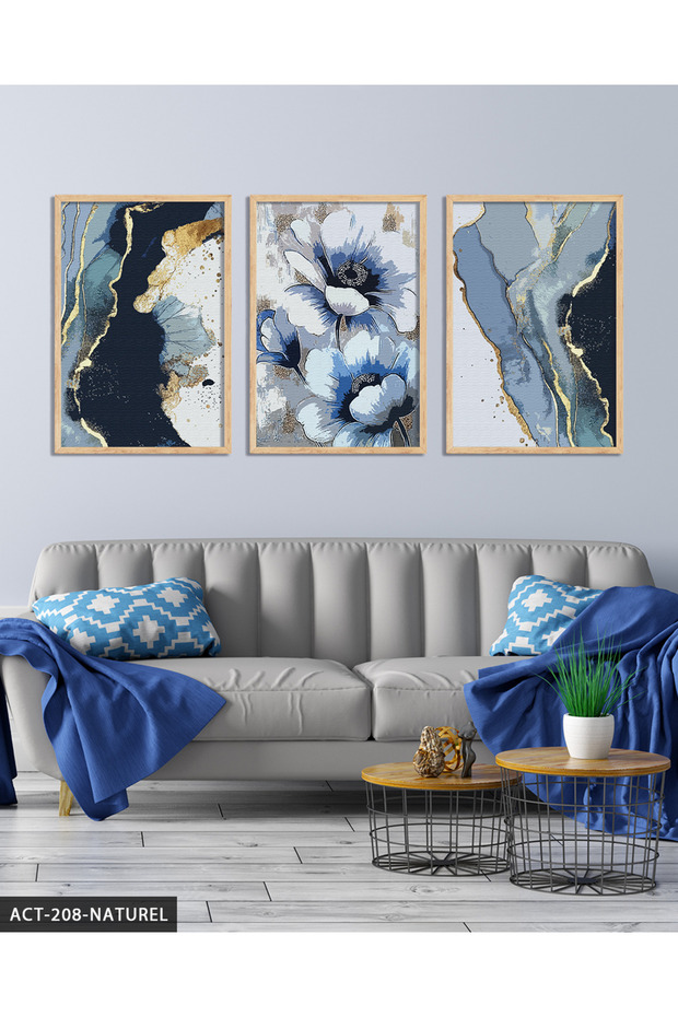 Blue Flower and Abstract Art 3 Piece Wooden Framed Painting Act