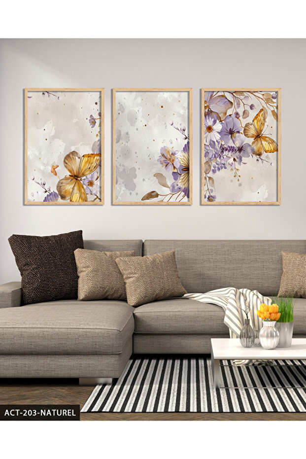 Purple Flowers and Butterfly 3 Piece Wooden Framed Painting Act