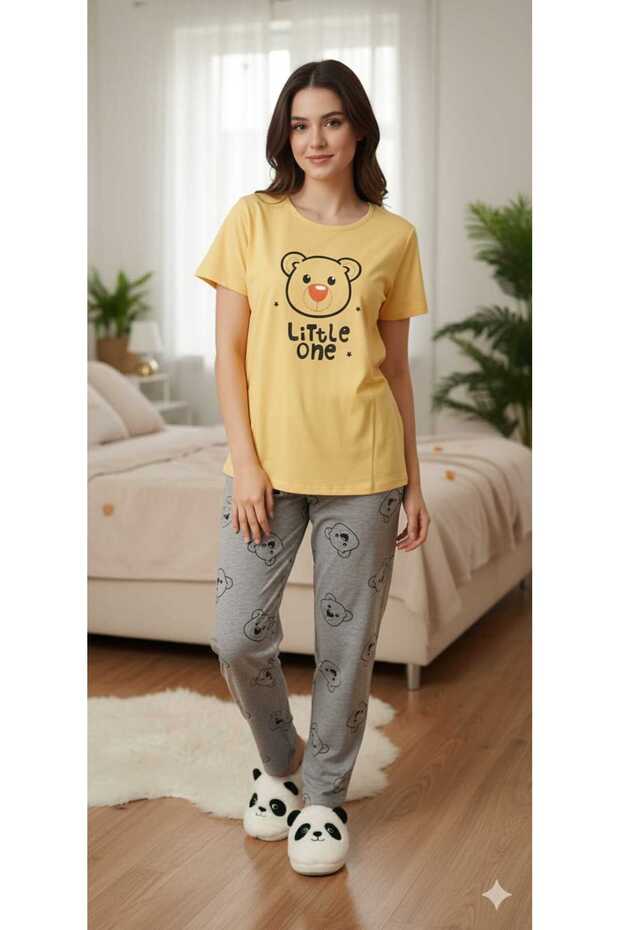Yellow Grey Lettering Printed a Quality Cotton Combed Short-Sleeve Animal Printed Sleepwear Lounge Set