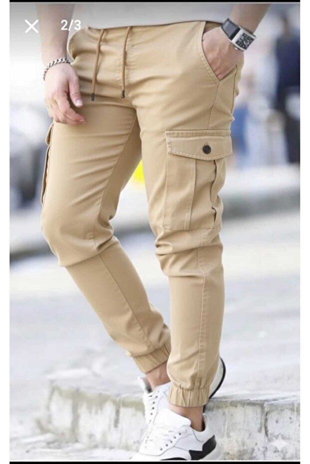 Men's Camel Quality Cotton Stretchable Cargo Pocket Pack Jogger Pants with Elastic Waist
