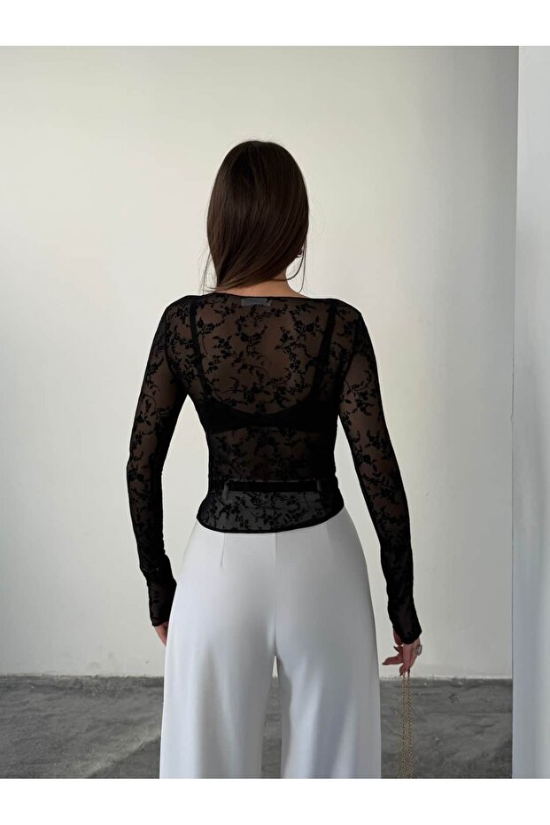 Flok Baskılı Basic Bluz - 7