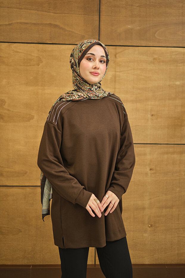 Women's Crew Neck Shoulder Stone Detail Regular Viscose Tunic Brown