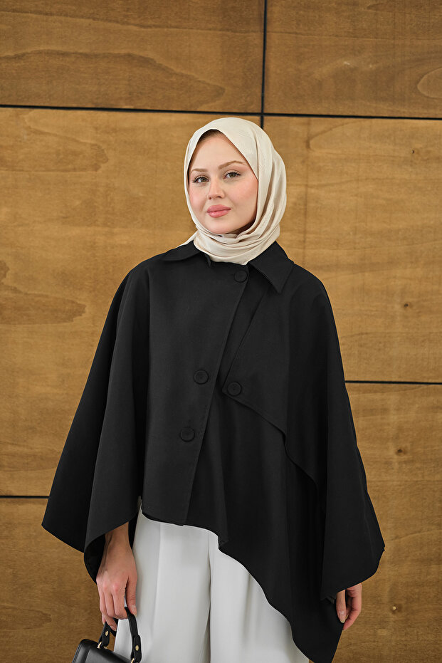 Women's Shirt Collar Buttoned Lined Oversized Gabardine Poncho Trench Black