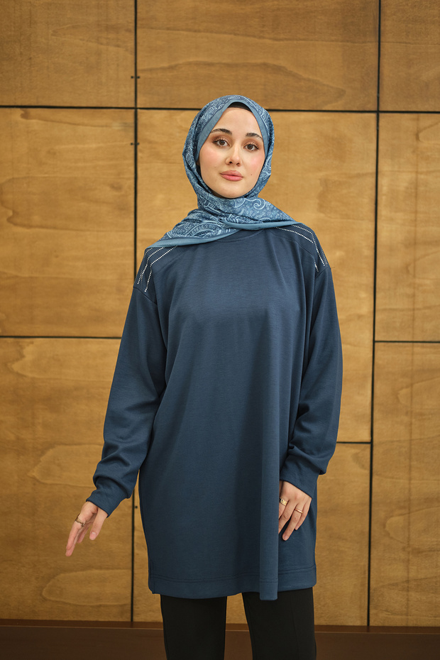 Women's Crew Neck Shoulder Stone Detail Regular Viscose Tunic Indigo Blue