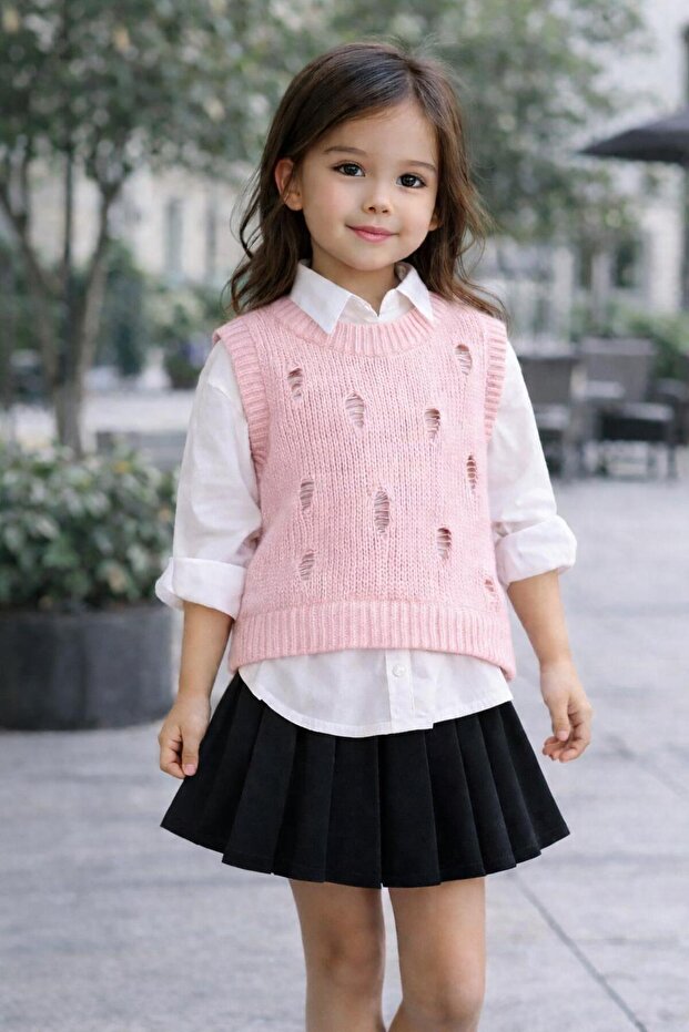 Girl's Cotton Ripped Detailed Transitional Knitwear Sweater