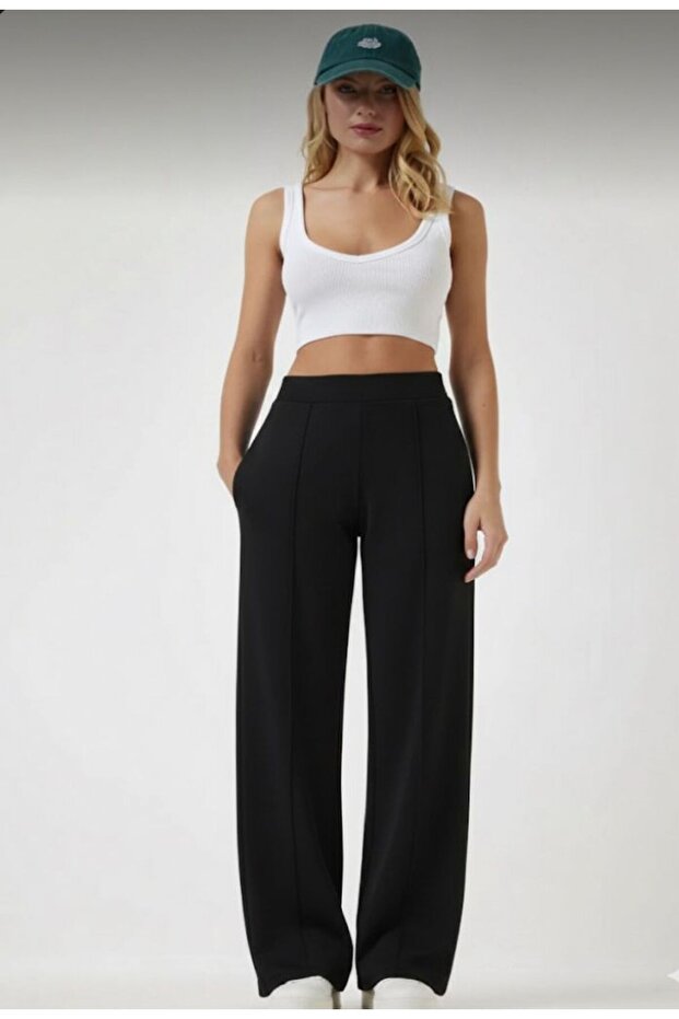 Women's Scuba Ribbed Ironed-Line Pants-Black