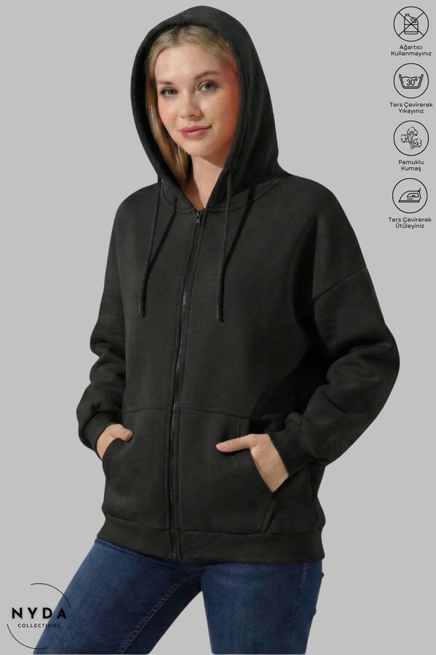 Women's Thick Winter Fabric Oversized Long Sleeve Unprinted Cotton Fleece-Lined Zipper Jacket