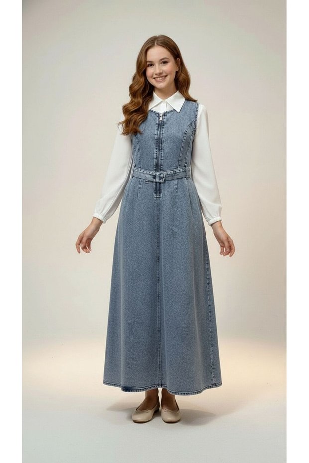 Girl's Casual Shirt Hijab Long Denim Dress-Elb-4051