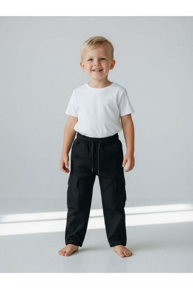 Boys' Cotton Elastic Waist Cargo Pocket Pack Soft Textured Trousers