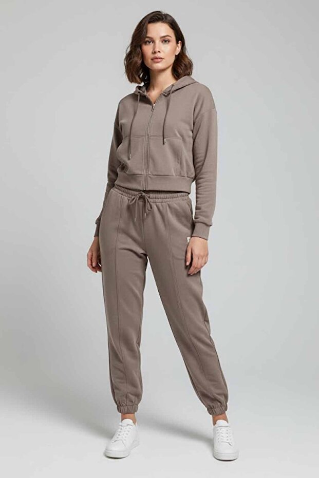 Women's Zippered Hooded Crop Tracksuit Set - Relaxed Fit Street Style