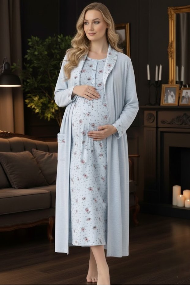 Women's Blue Shawl Collar Floral Pattern Long Sleeve Pocket Plus Size Maternity Nightgown Nightdress Set