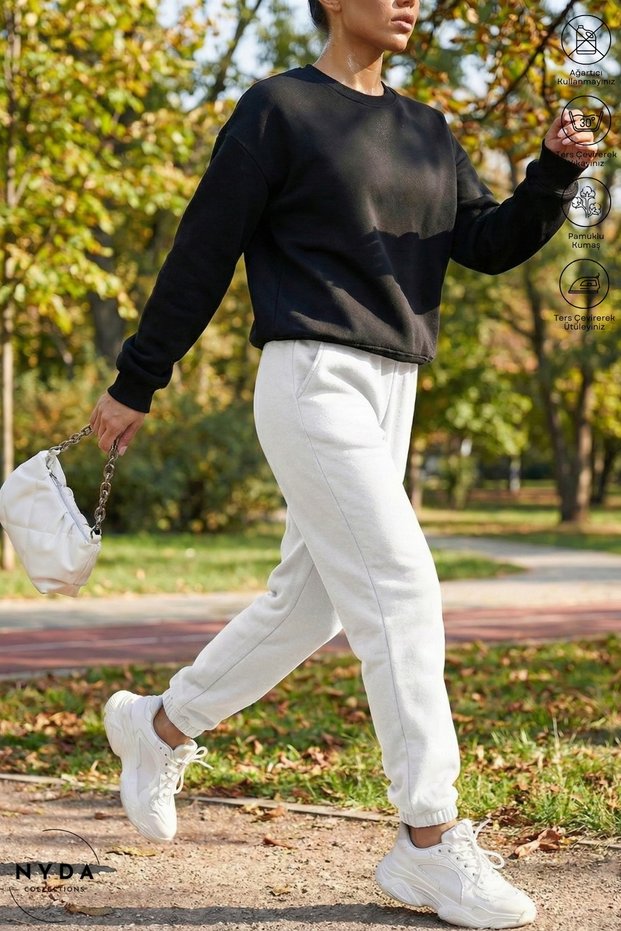 Women's Jogger with Elastic Waist and Legs, Pockets, Oversized Cotton, 3 Thread Ş Fleece-Lined Sweatpants