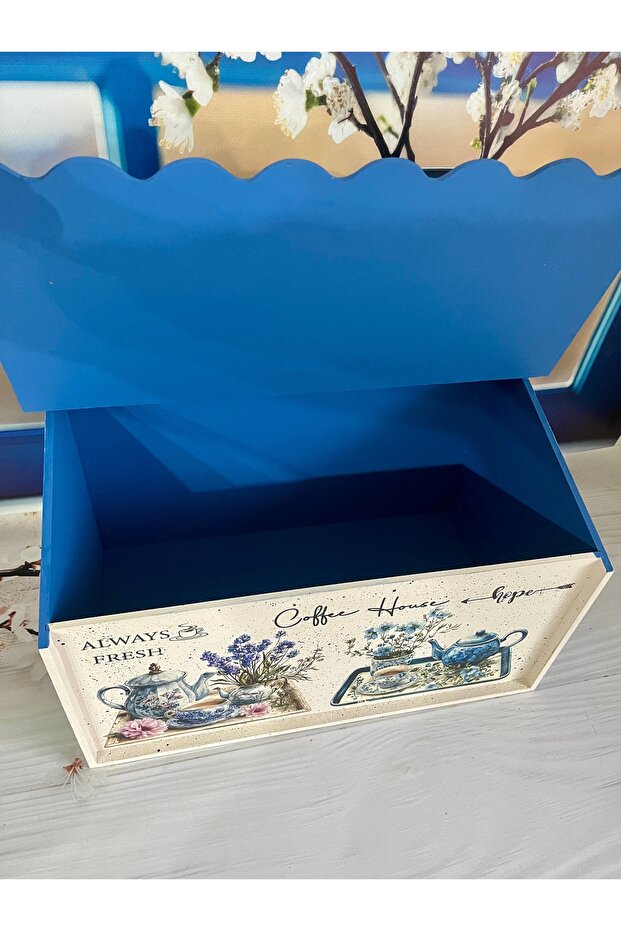 صندوق خبز خشبي منقوش باللون الأزرق للمطبخ - 6