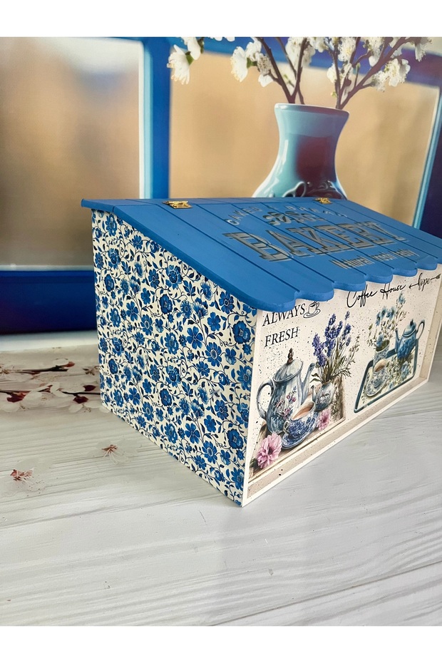 صندوق خبز خشبي منقوش باللون الأزرق للمطبخ - 4