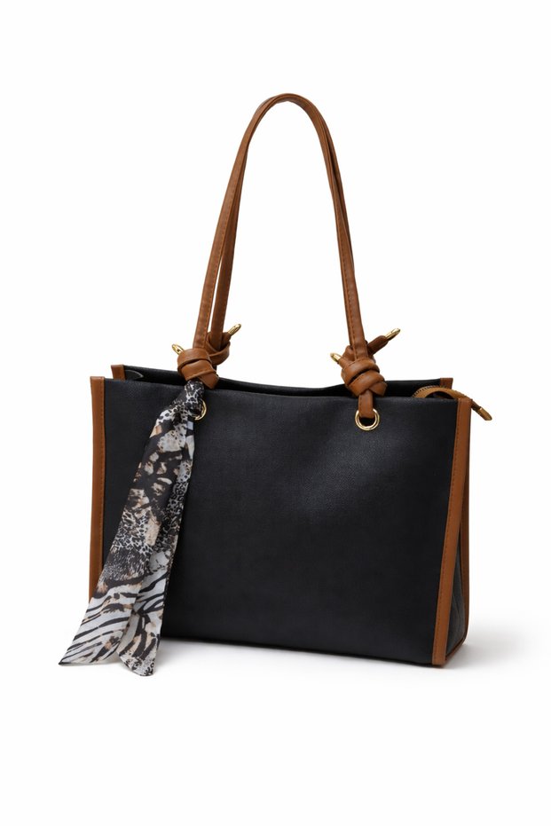 Women's Black Shoulder Bag | Tan Leather Detailed | Stylish Daily Bag with Scarf