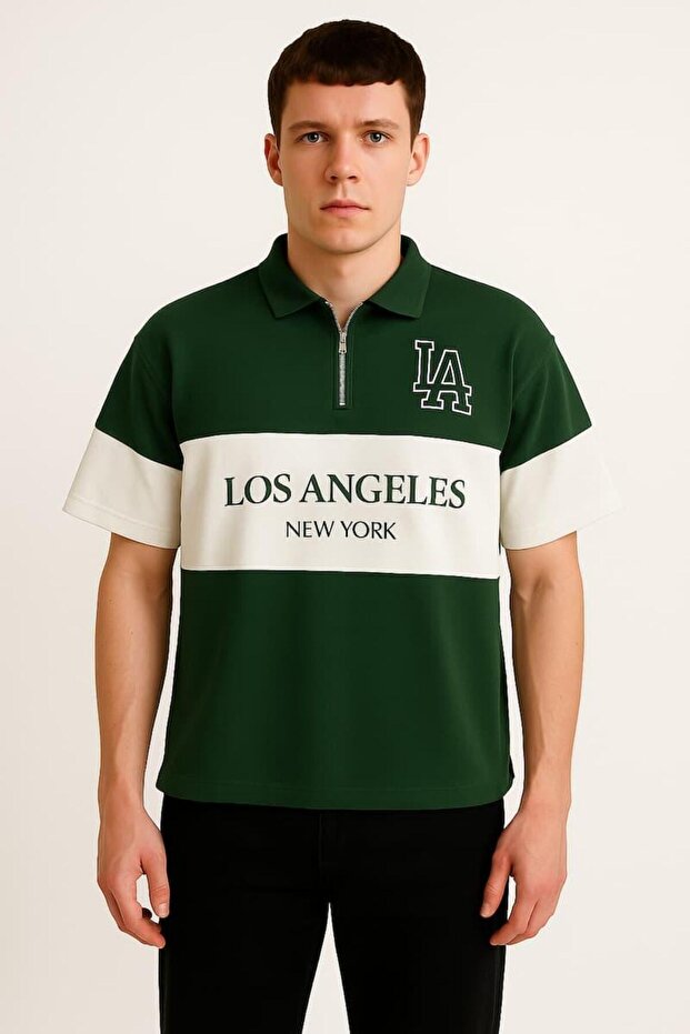 Unisex Half Zipper Los Angeles Printed Polo Neck Oversized T-Shirt