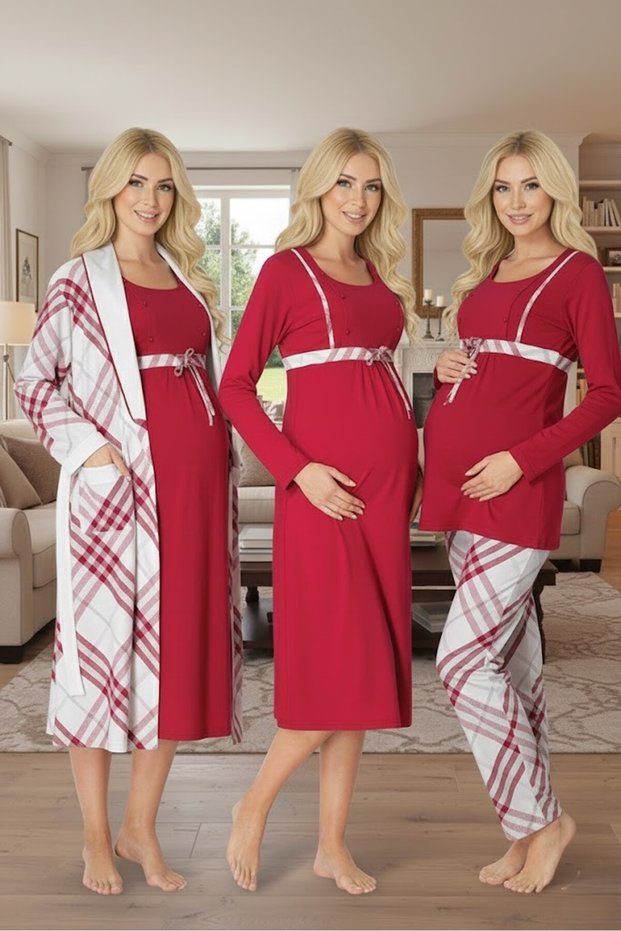 Women's Fuchsia Winter Plaid Long Sleeve Design Maternity Maternity Dressing Gown Nightgown Pajama Set