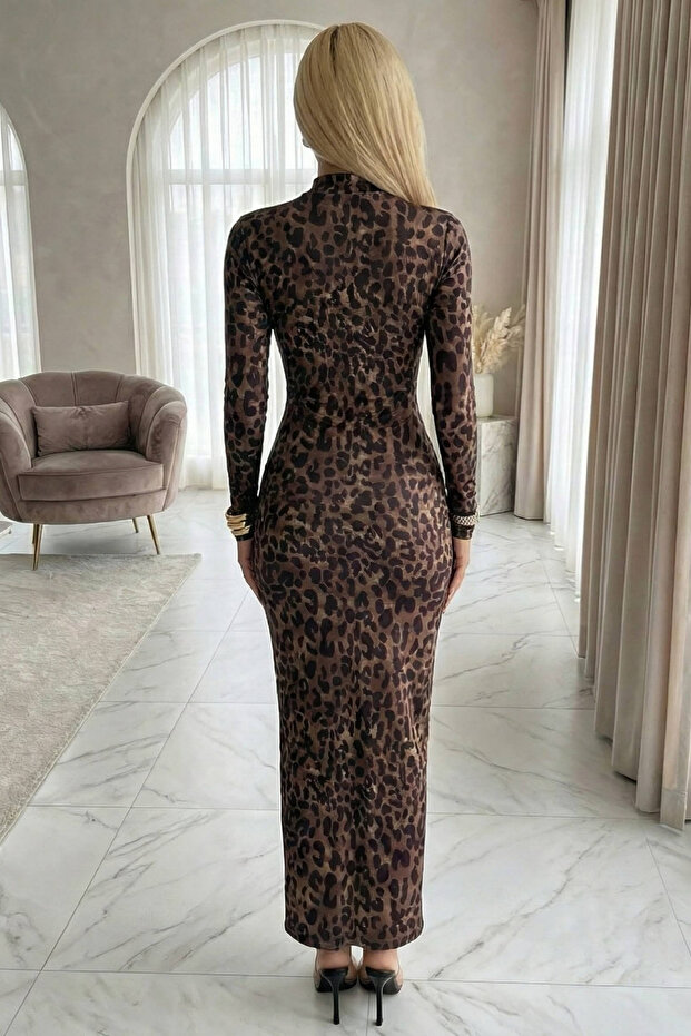 Gögüs Pencere Dekolteli Leopar Basic Midi Elbise - 4