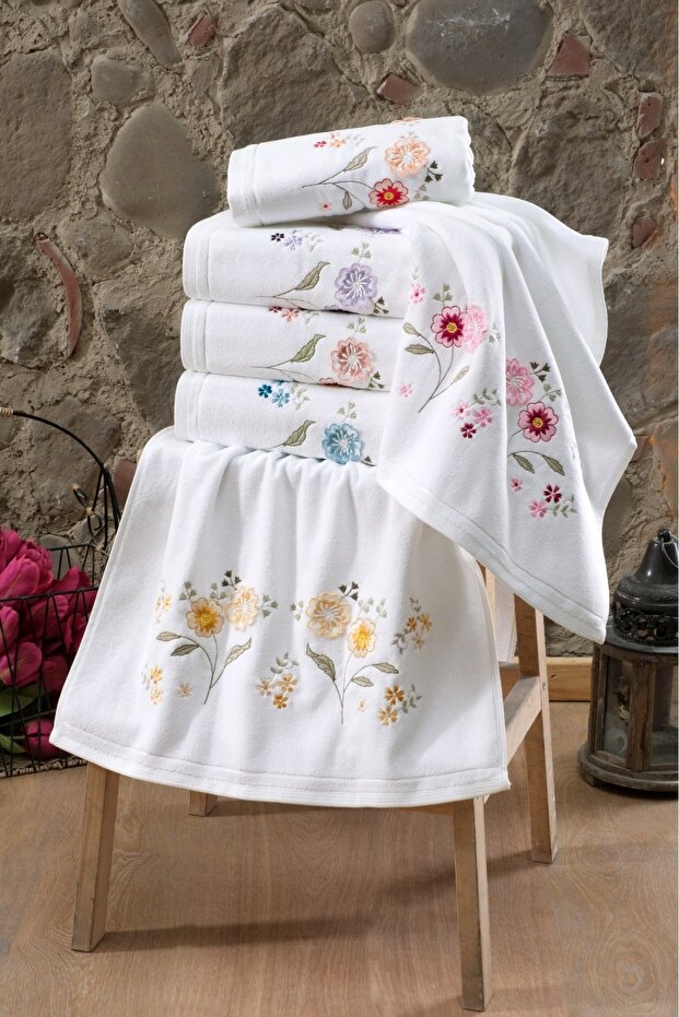 Asude White Velvet 3D Embroidered 30X50 cm 100% Cotton Kitchen Towel