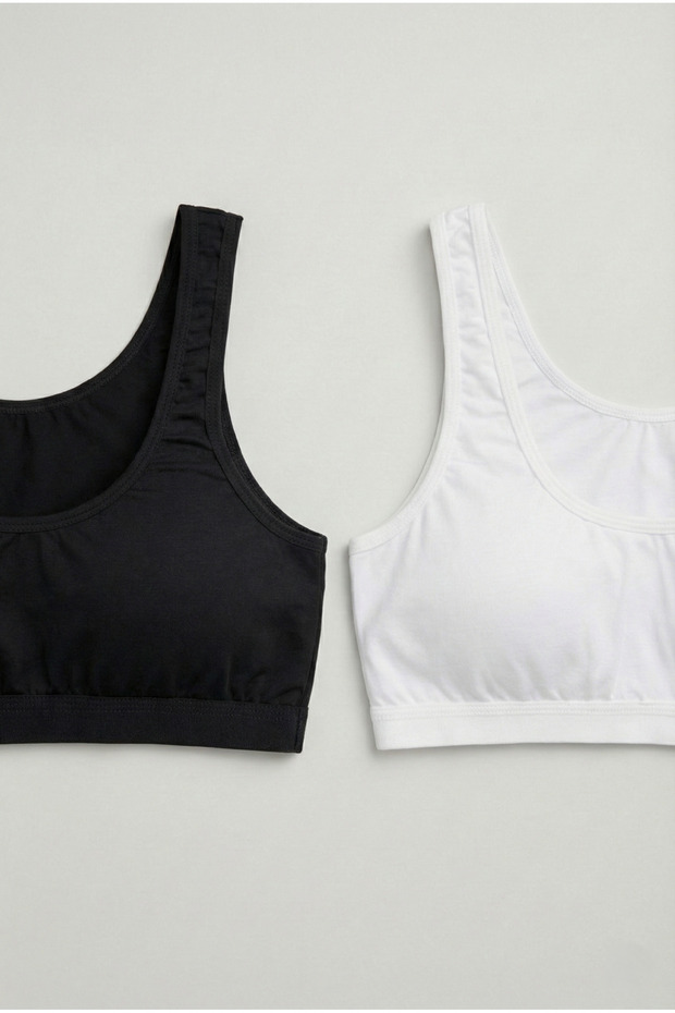 Set of 2 Thick Strap Cotton Combed Bustier - Wire-Free, No Underwire Half Tank Top Sports and Sleep Bra