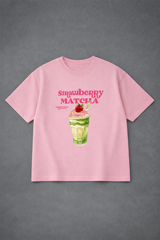 تي شيرت قطني للجنسين من Strawberry Matcha مطبوع قصة فضفاضة - تي شيرت