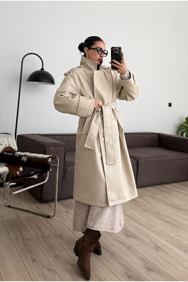 Beige Thick Lined Belted Leather Trench - Cold and Wind Resistant