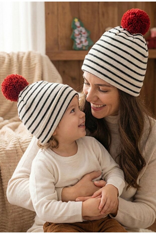 Unisex Black and White Striped Red Pompom Double Layer Stretch Fabric Combed Cotton Beret - 1 Piece