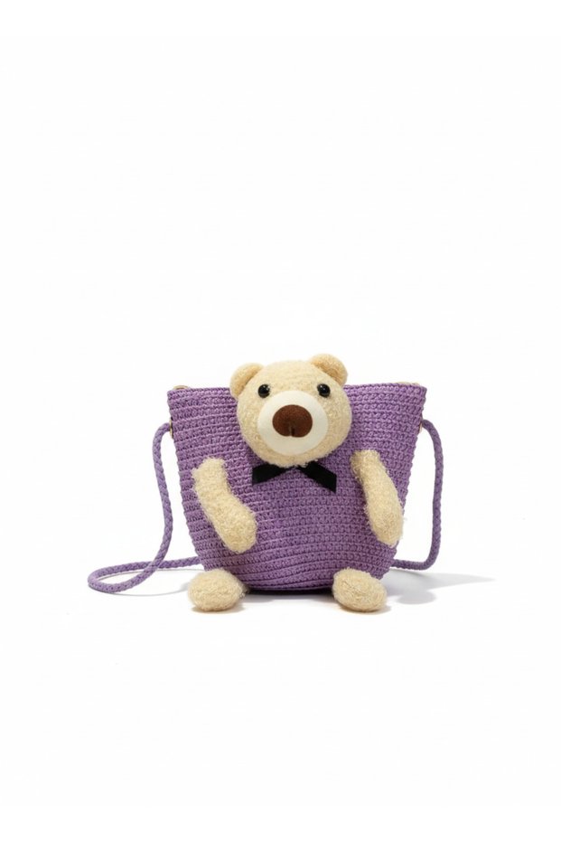 Teddy Bear Cute Bear Purple Straw Strap Young Girl Child Baby Bag 13 cm Gift