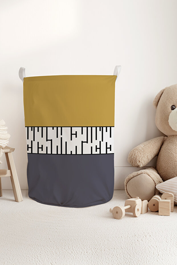 Mustard Gray Patterned Children's Room Dirty or Toy Basket Tlas-328