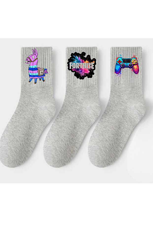 Console Games - Lama Printed Gray School Socks (Set of 3)