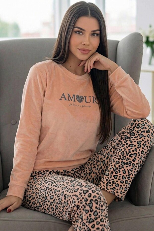 Salmon Amour Patterned Veloura Soft Women's Pajama Set