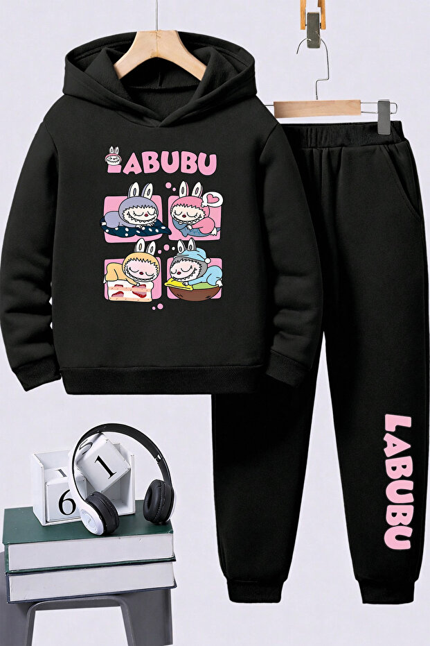 Labubu Printed Children's Premium Sweatshirt Set 2-Piece Set Hoodie Bottom Top Set