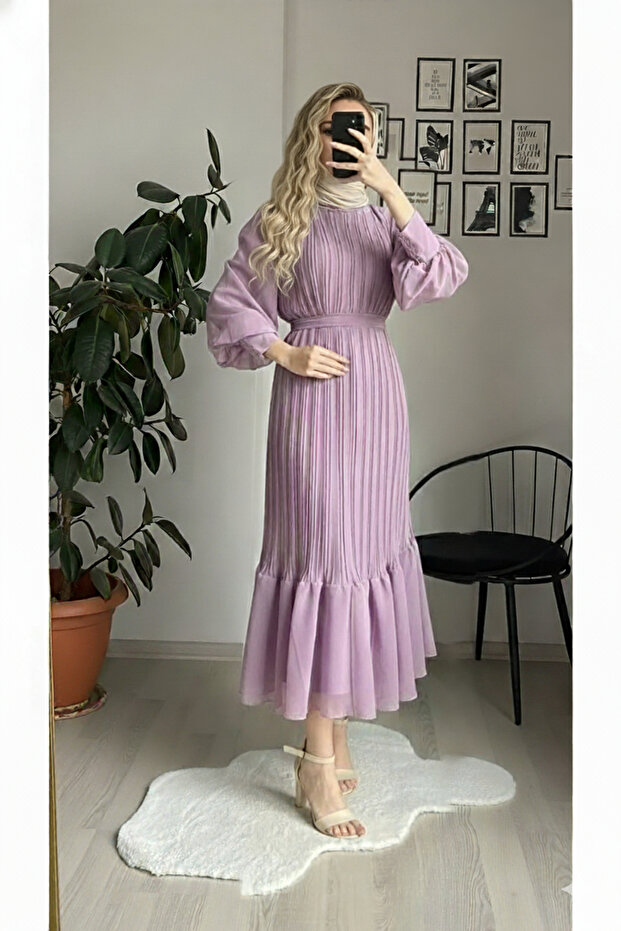 Şifon Piliseli Elbise - 1