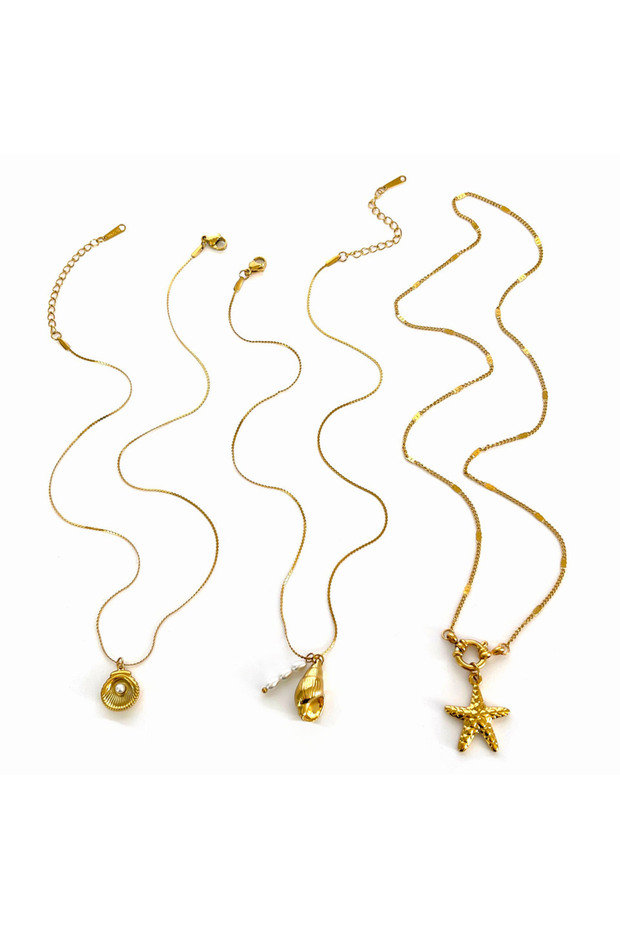 3pcs Set Peri'sbox Anti-Tarnish Ocean Style Gold Plated Shell Conch Starfish Imitation Pearl Pendant