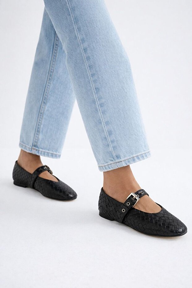 Women's Black Banded Buckle Knitted Patterned Ballerina Ballet Byndbttg01