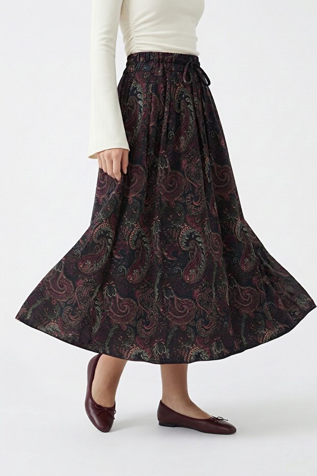 Shawl Pattern Lined Black Skirt - 3