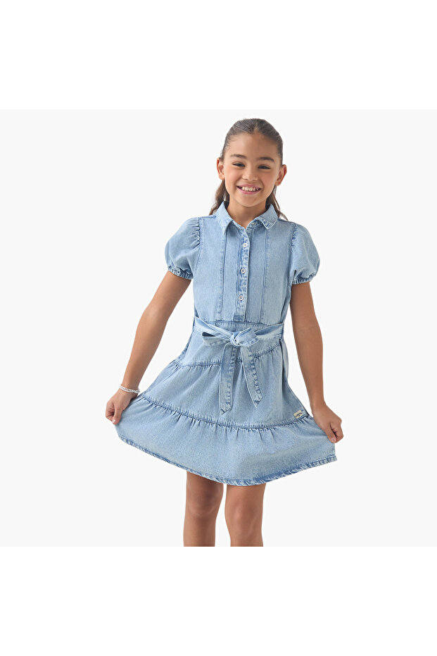 Collared Short Sleeves Knee Length Dress with Tiered Design