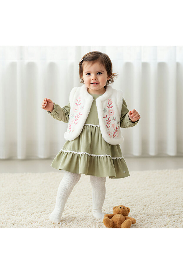 Embroidered Tiered Dress with Sweater and Stockings
