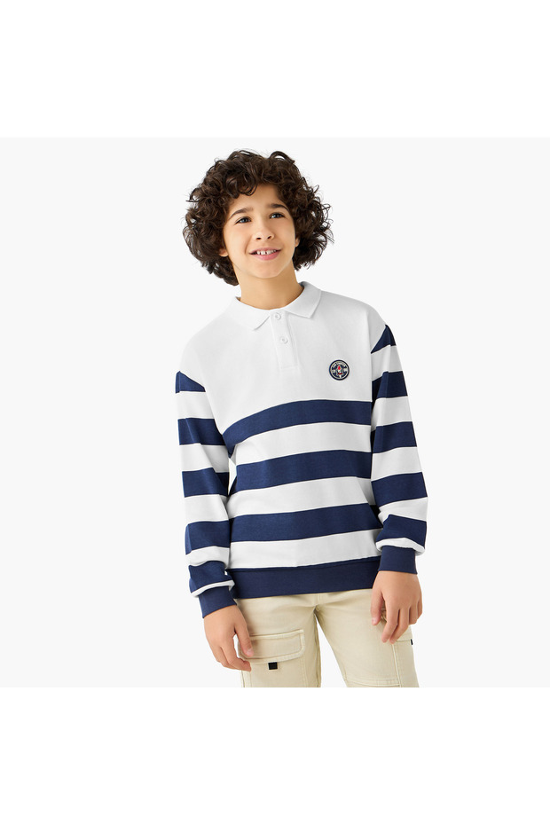 كنزة مخططة بياقة وأكمام طويلة - 1