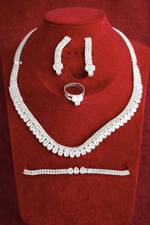 Silver Color Stone Detailed 4-Piece Evening Dress/Wedding Set