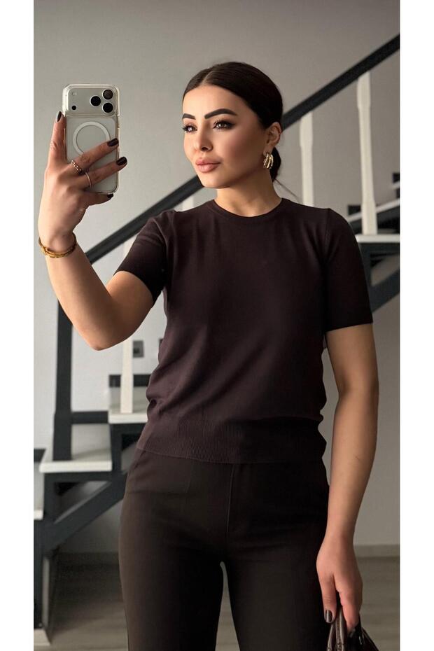 Acı Kahve Kısa Kol Basic Triko Bluz - 2