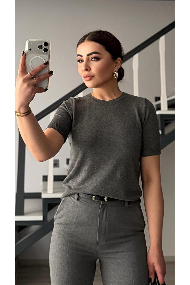 Füme Melanj Kısa Kol Basic Triko Bluz - 3