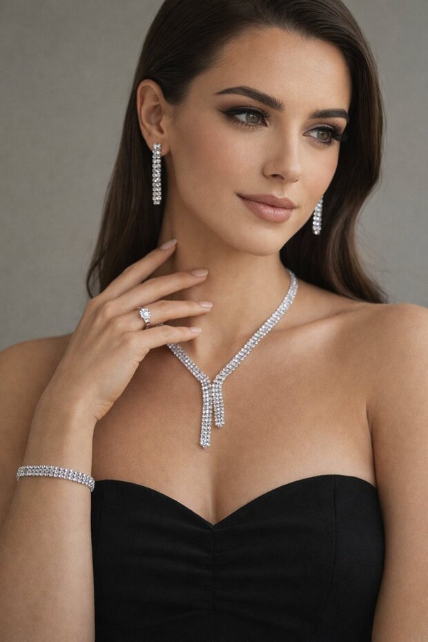 Silver Color Stone Detailed 4-Piece Evening Dress/Wedding Set