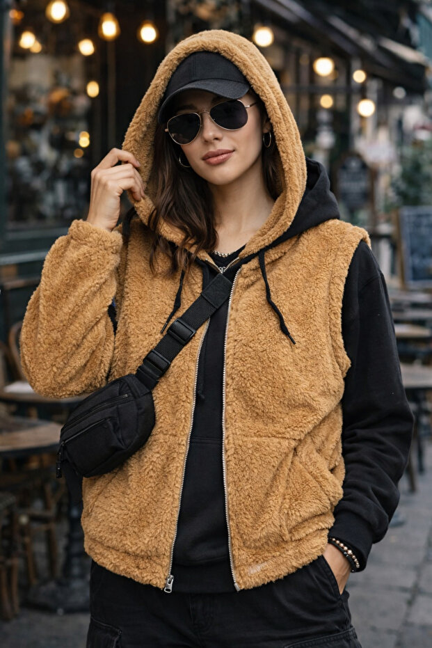 Women's Hooded Zippered Plush Vest Zyn-58816