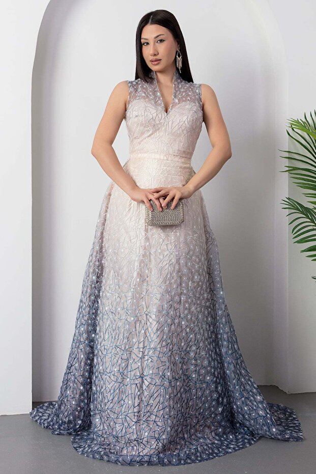 V Yaka Gloplu Tül Elbise 5080 - 6