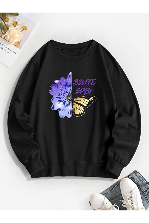 Butterfly Printed Girls Winter Children's Sweatshirt Black