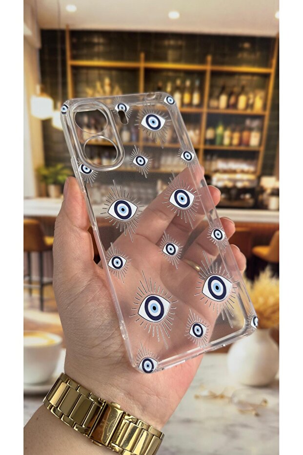 Redmi 13C Compatible Evileye Patterned Transparent Shock-Absorbing Camera Protected Clear Case - 3